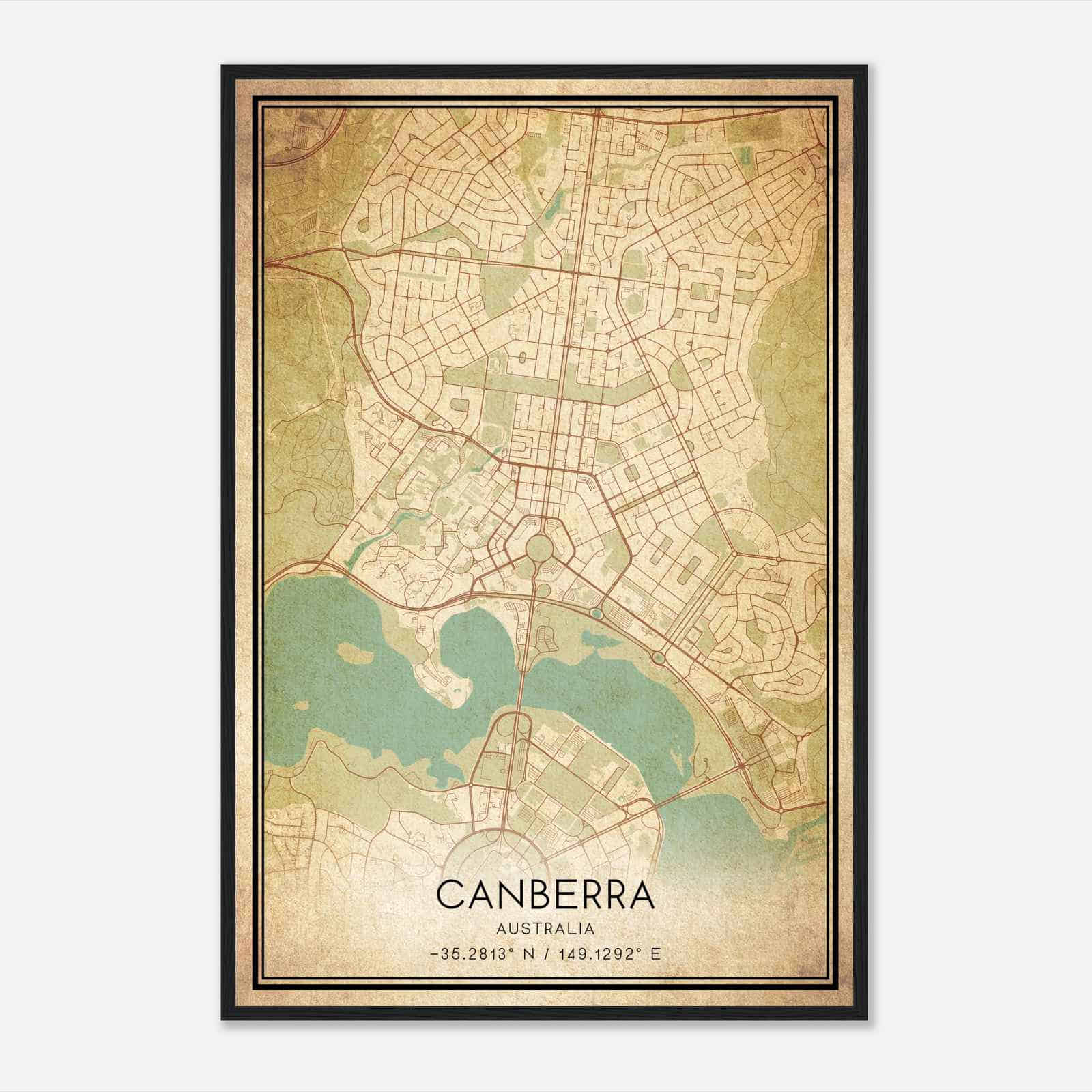 Vintage Canberra Australia Map Poster, Canberra City Road Wall Art Print