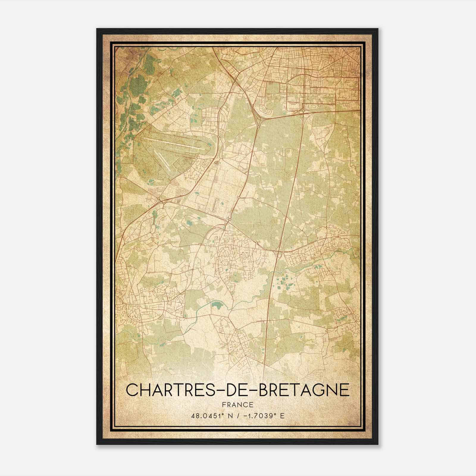 Vintage Chartres-de-Bretagne France Map Poster, Chartres-de-Bretagne City Road Wall Art Print