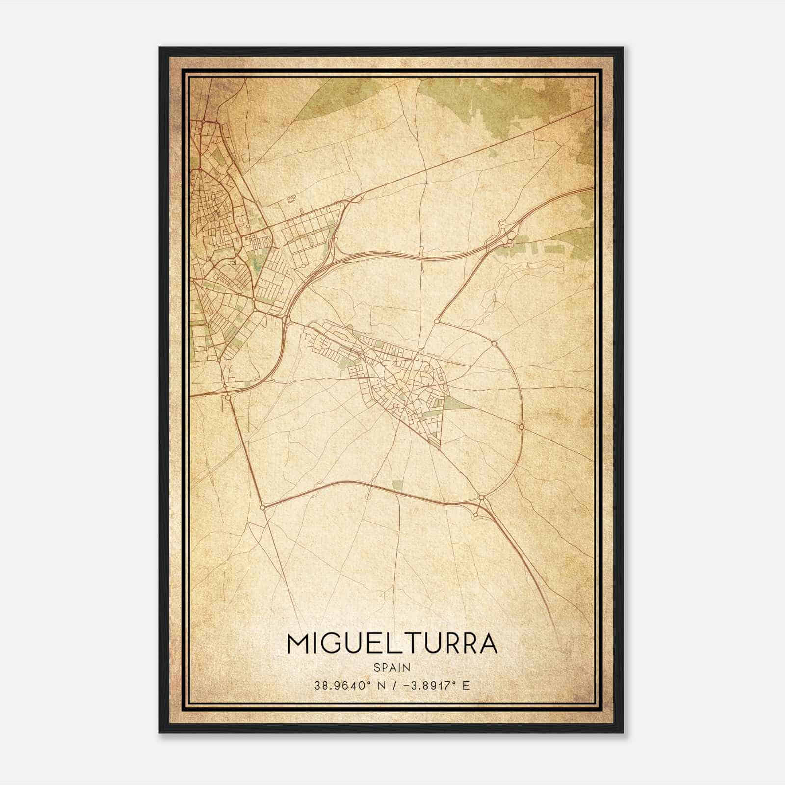 Vintage Miguelturra Spain Map Poster, Miguelturra City Road Wall Art Print