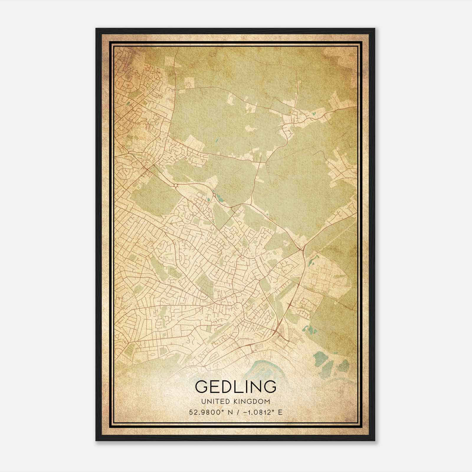 Vintage Gedling United Kingdom Map Poster, Gedling City Road Wall Art Print
