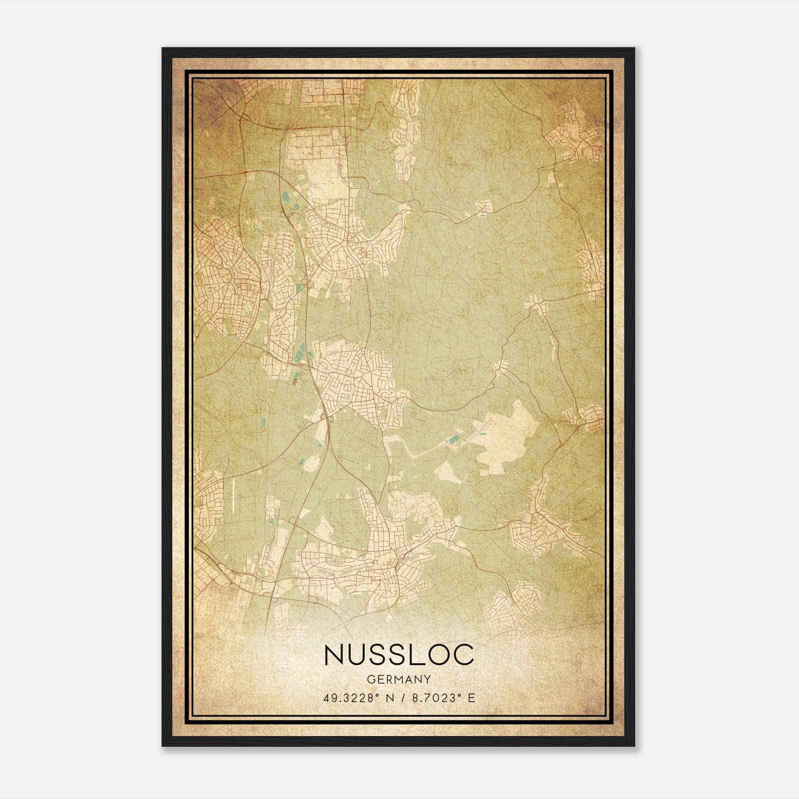 Vintage Nussloch Germany Map Poster, Nussloch City Road Wall Art Print