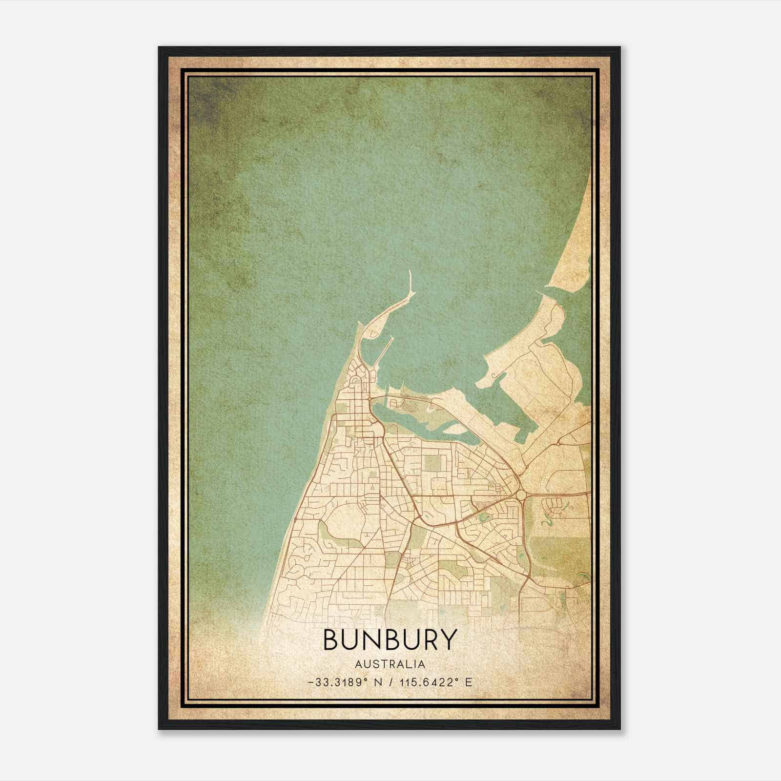 Vintage Bunbury Australia Map Poster, Bunbury City Road Wall Art Print