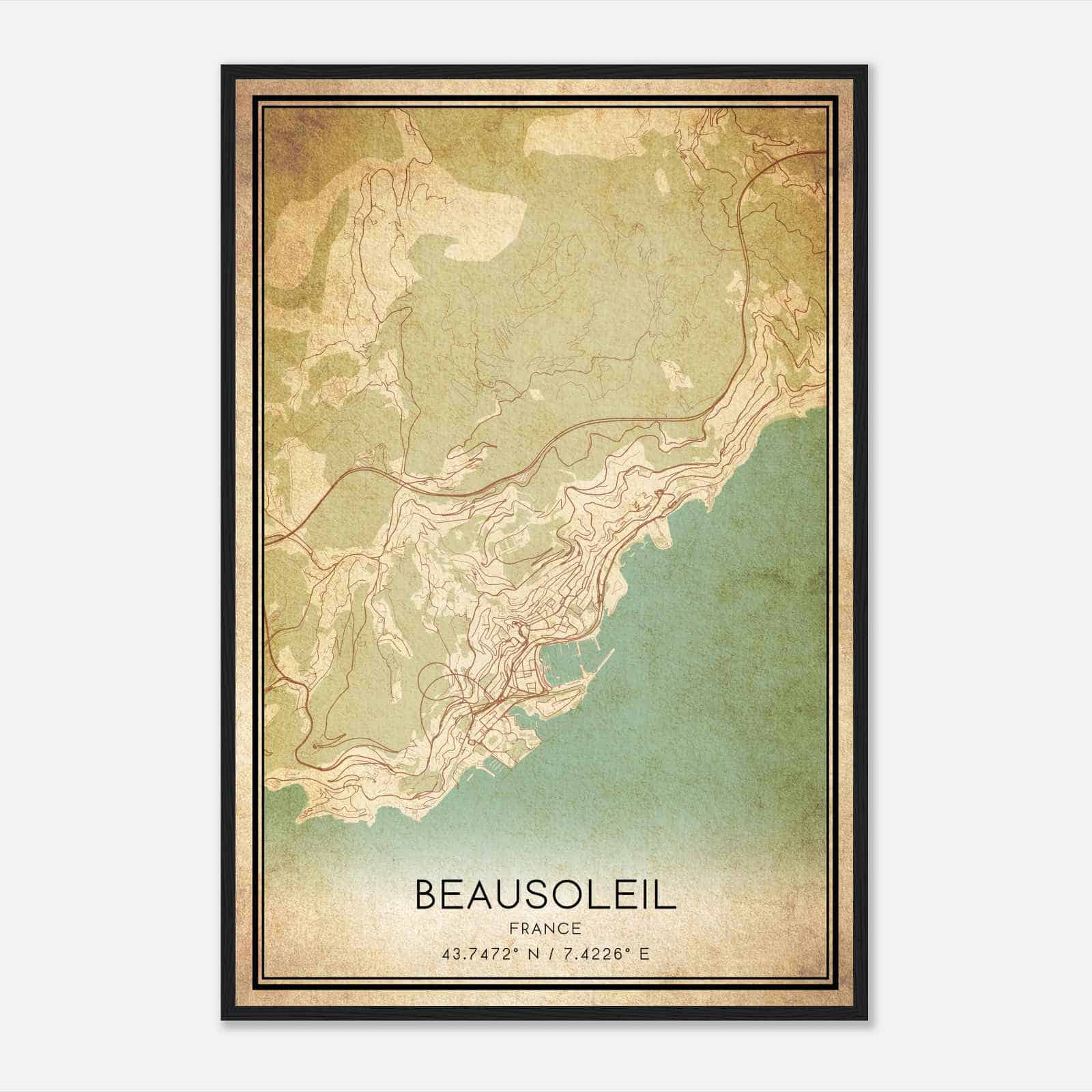 Vintage Beausoleil France Map Poster, Beausoleil City Road Wall Art Print