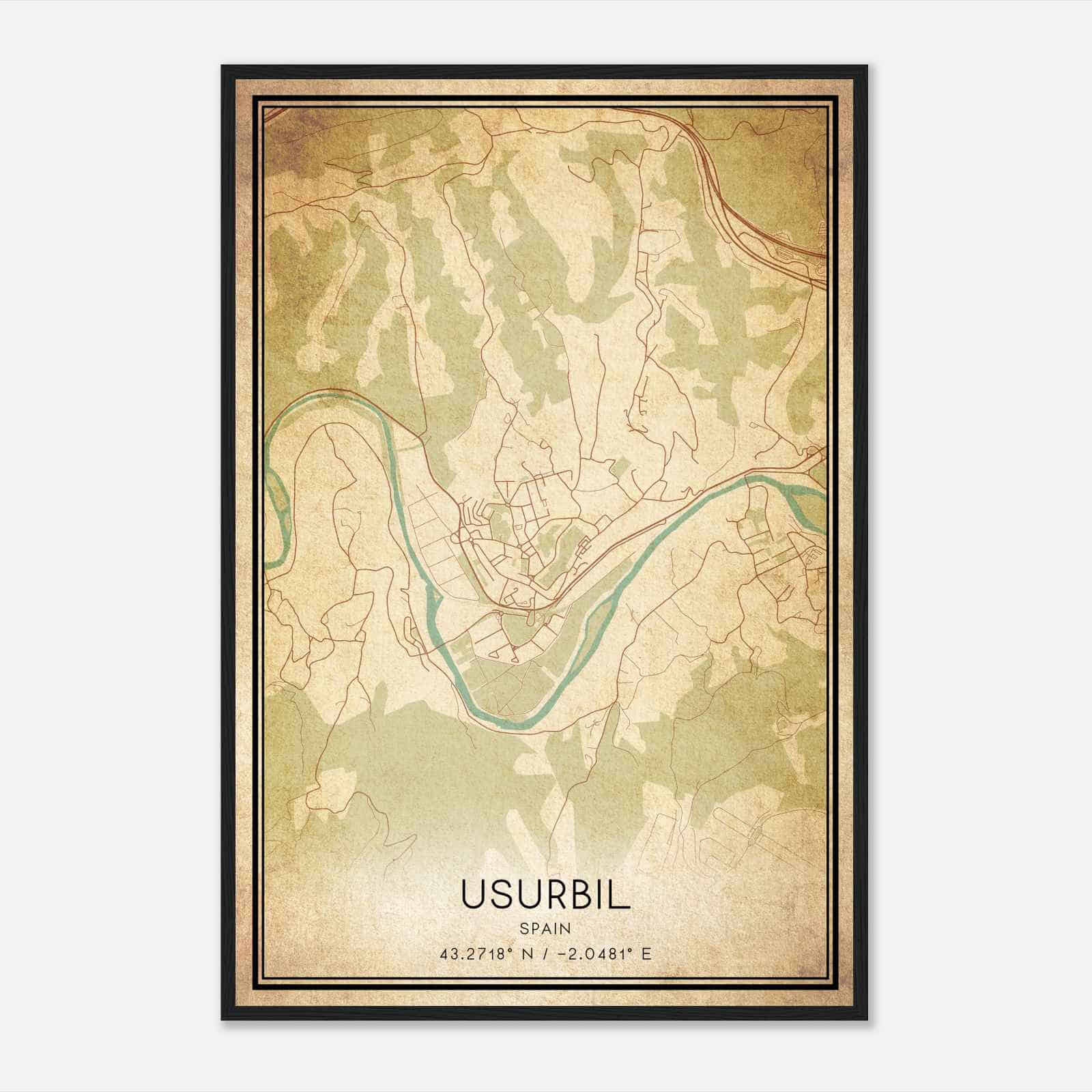 Vintage Usurbil Spain Map Poster, Usurbil City Road Wall Art Print