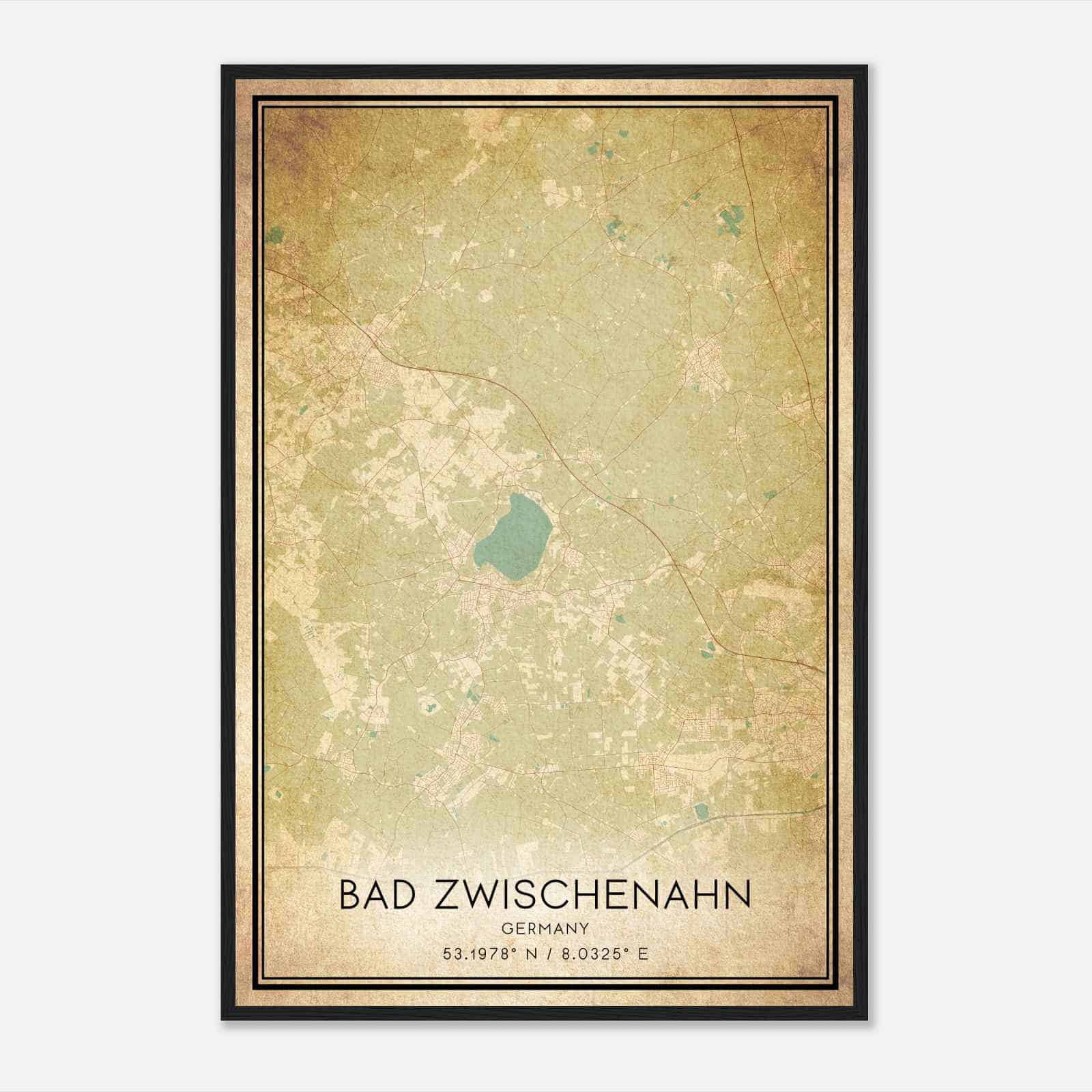 Vintage Bad Zwischenahn Germany Map Poster, Bad Zwischenahn City Road Wall Art Print