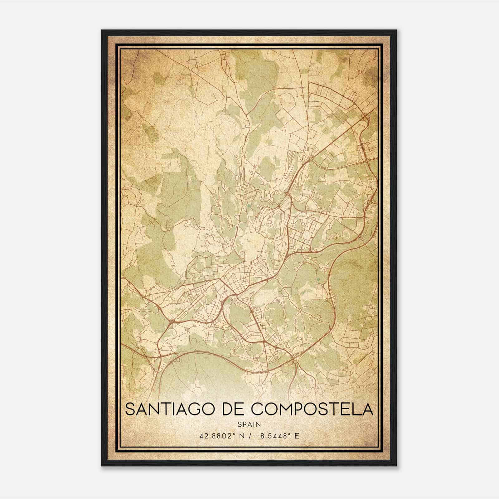 Vintage Santiago de Compostela Spain Map Poster, Santiago de Compostela City Road Wall Art Print