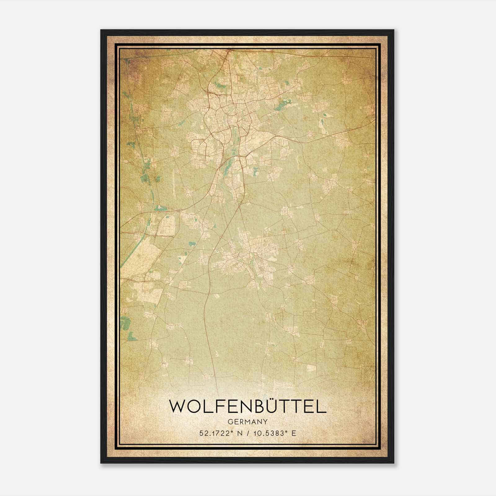 Vintage Wolfenbuttel Germany Map Poster, Wolfenbuttel City Road Wall Art Print