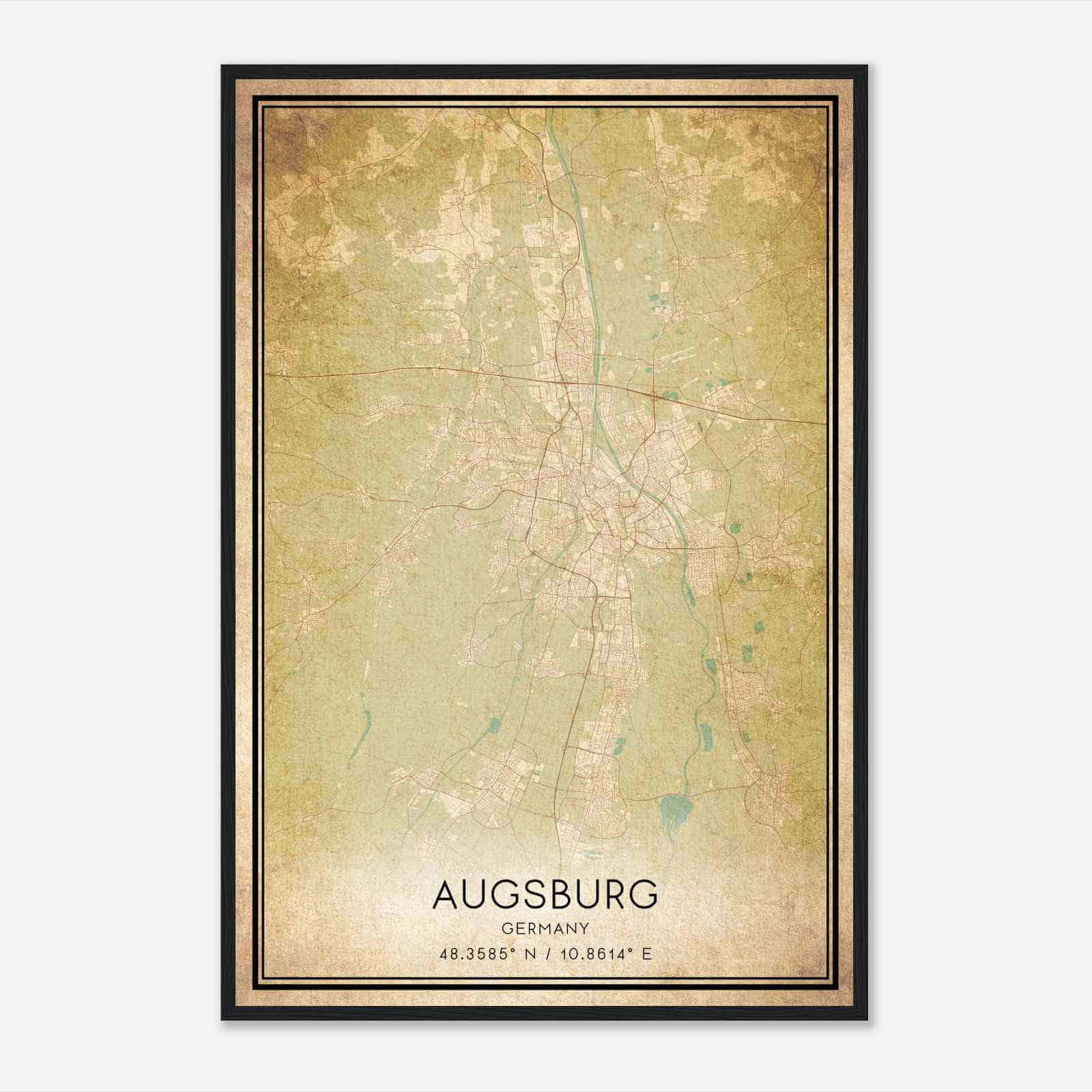 Vintage Augsburg Germany Map Poster, Augsburg City Road Wall Art Print