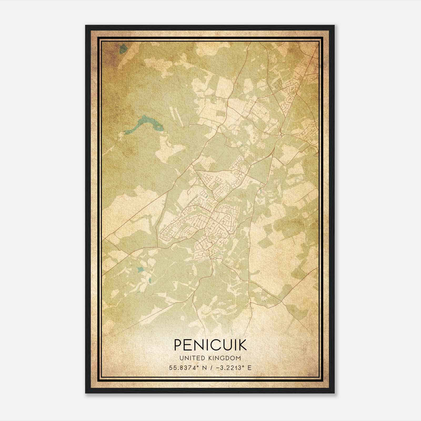 Vintage Penicuik United Kingdom Map Poster, Penicuik City Road Wall Art Print