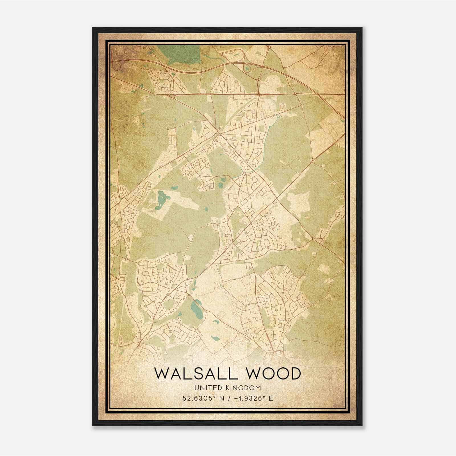 Vintage Walsall Wood United Kingdom Map Poster, Walsall Wood City Road Wall Art Print
