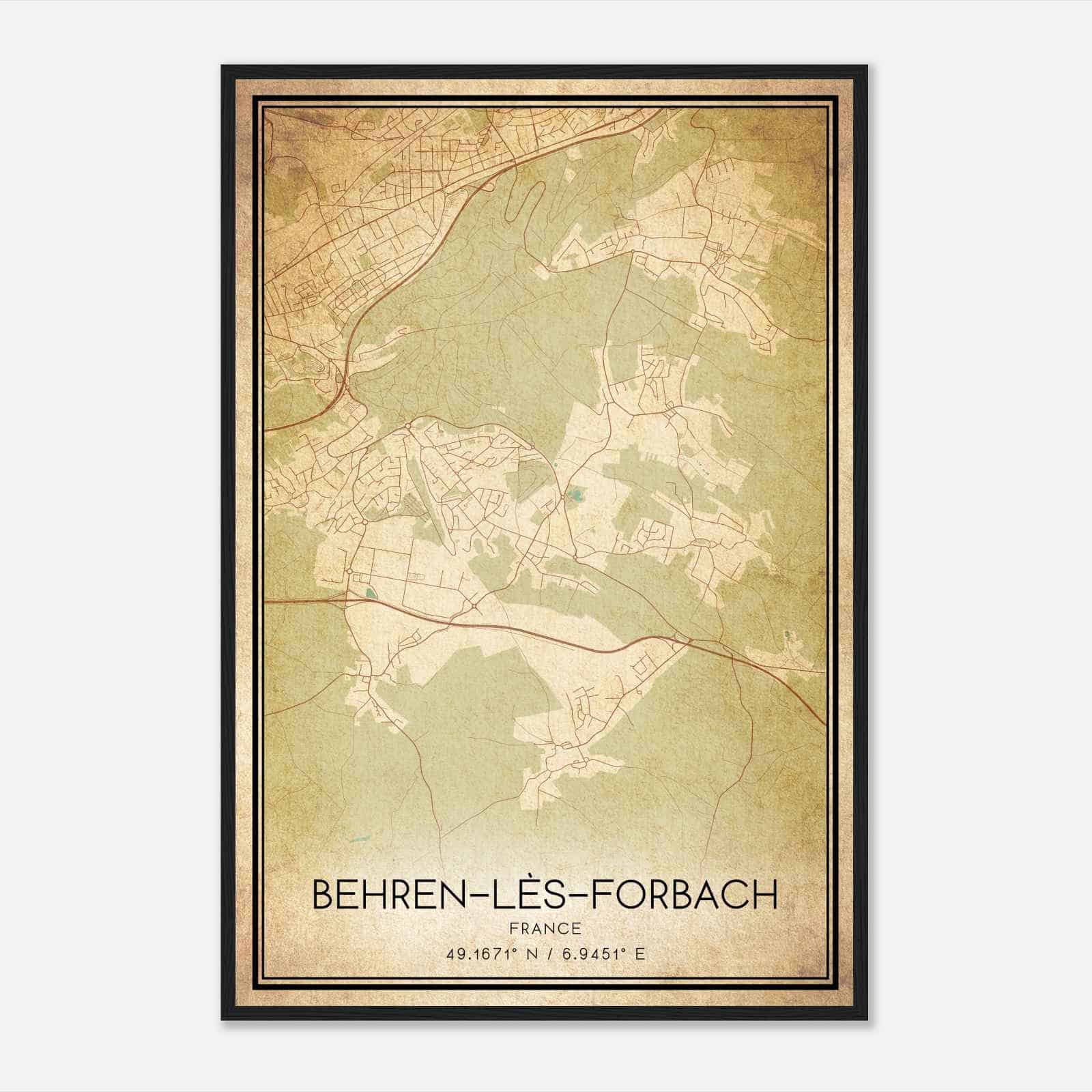 Vintage Behren-les-Forbach France Map Poster, Behren-les-Forbach City Road Wall Art Print