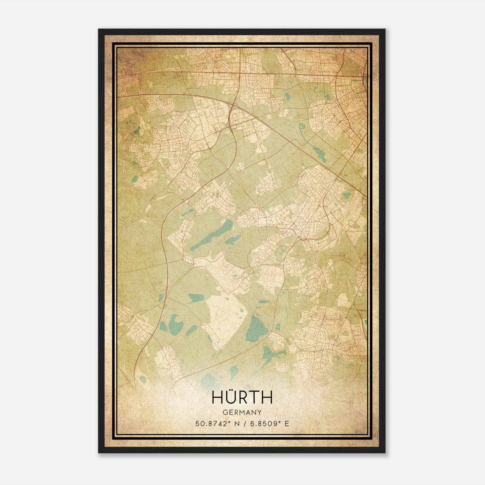 Vintage Hurth Germany Map Poster, Hurth City Road Wall Art Print
