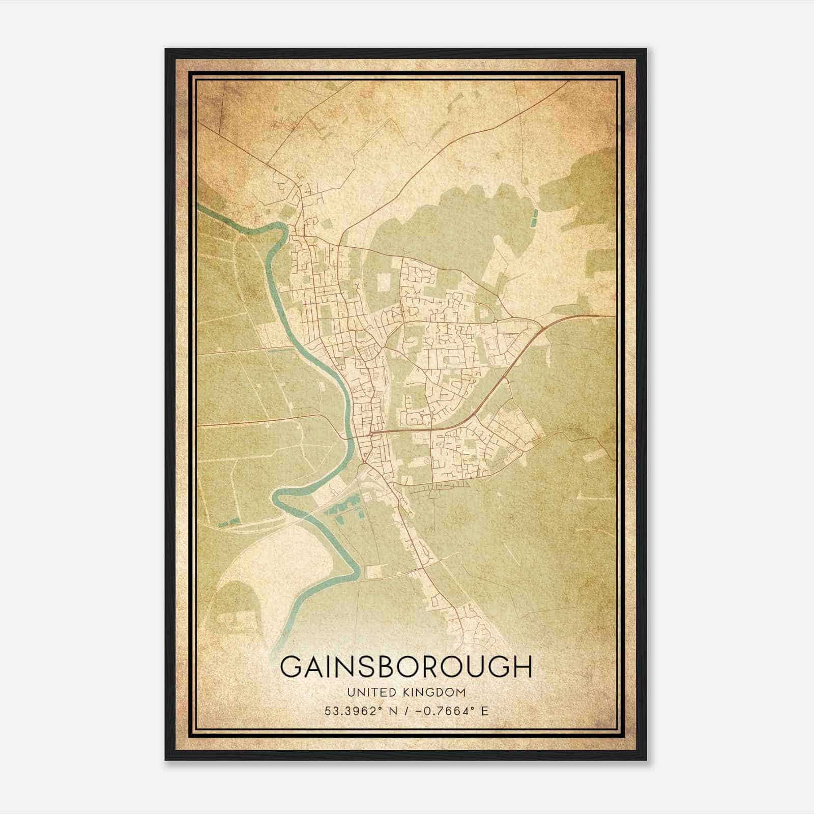 Vintage Gainsborough United Kingdom Map Poster, Gainsborough City Road Wall Art Print