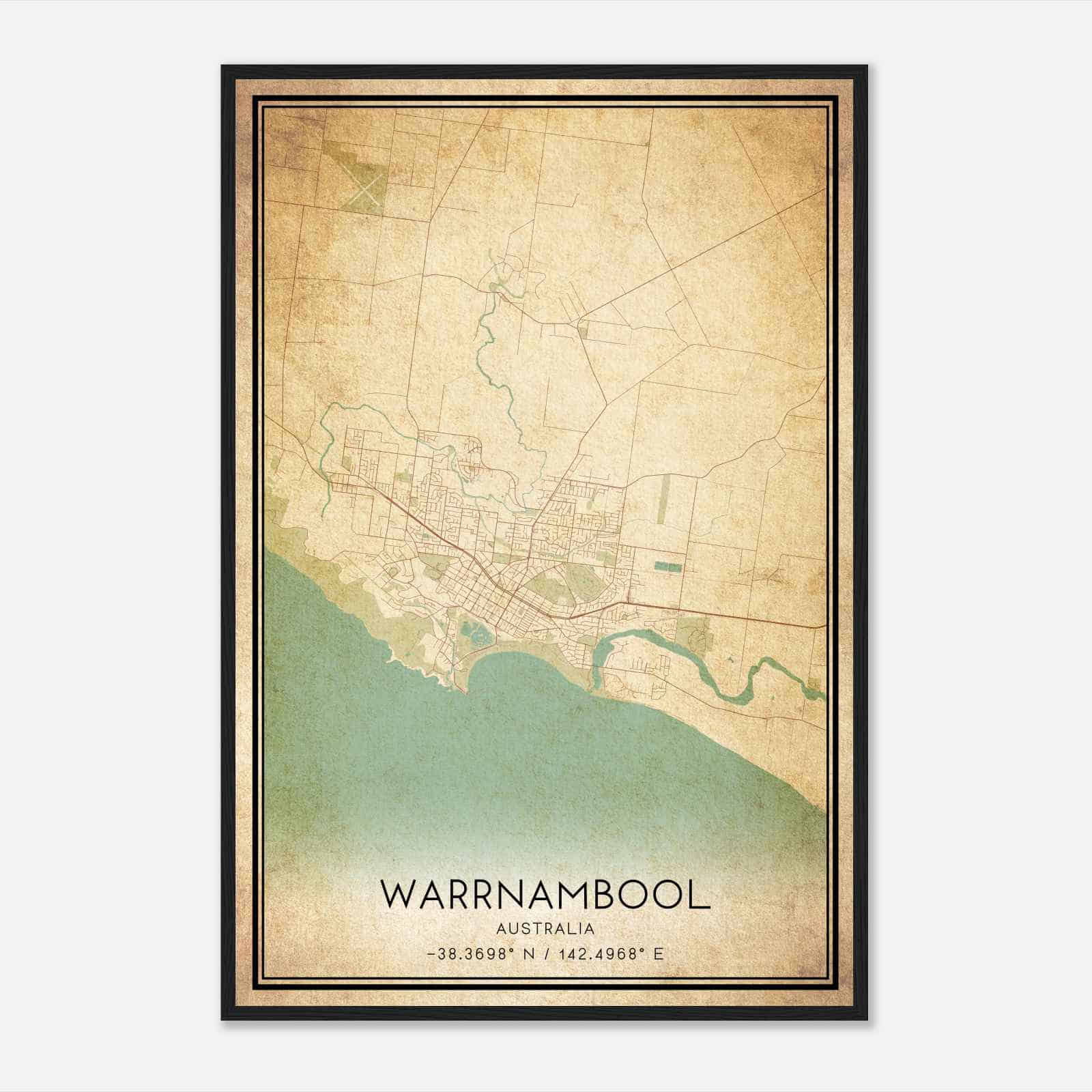 Vintage Warrnambool Australia Map Poster, Warrnambool City Road Wall Art Print