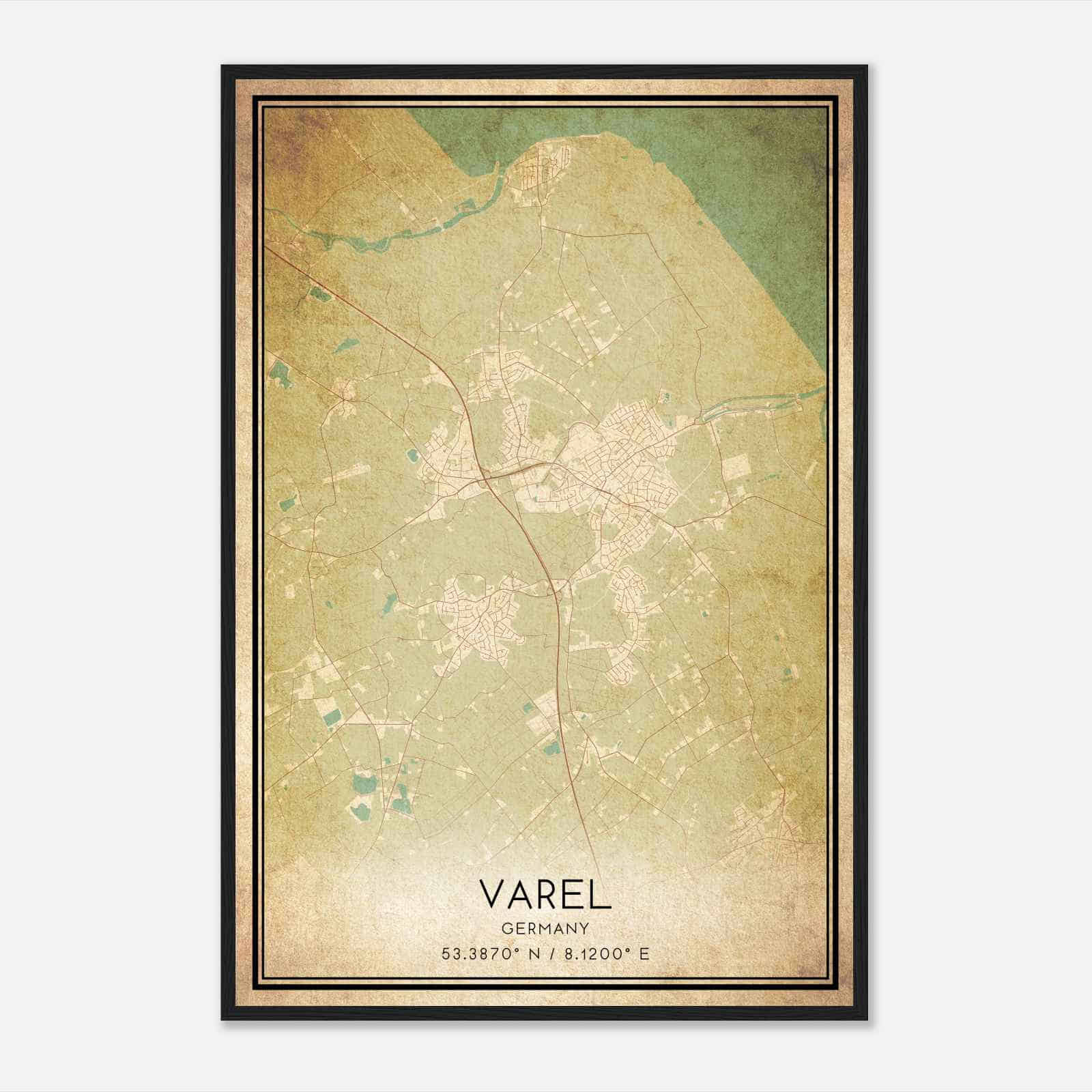 Vintage Varel Germany Map Poster, Varel City Road Wall Art Print