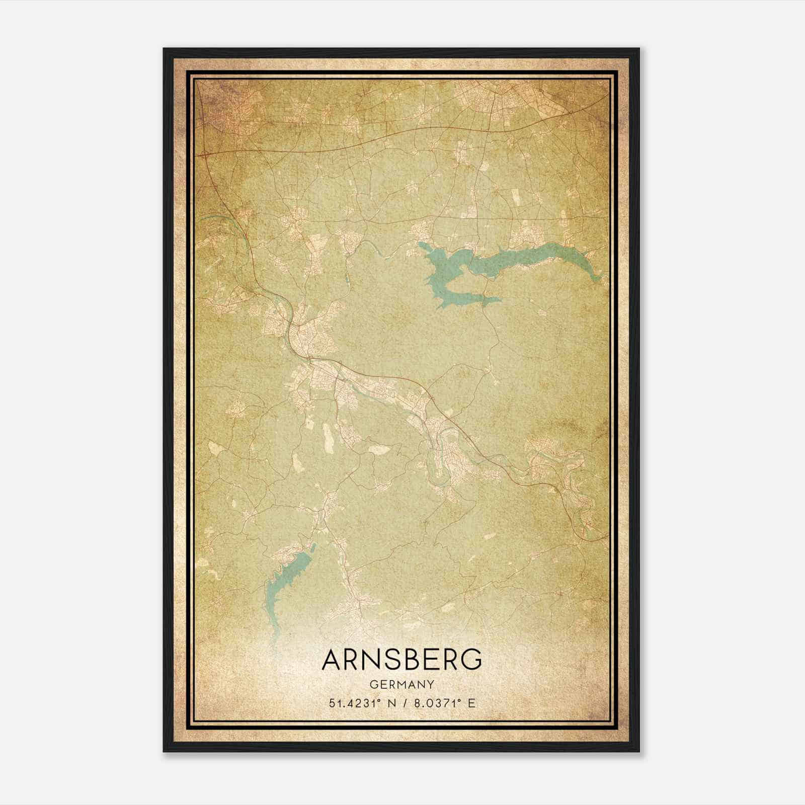 Vintage Arnsberg Germany Map Poster, Arnsberg City Road Wall Art Print