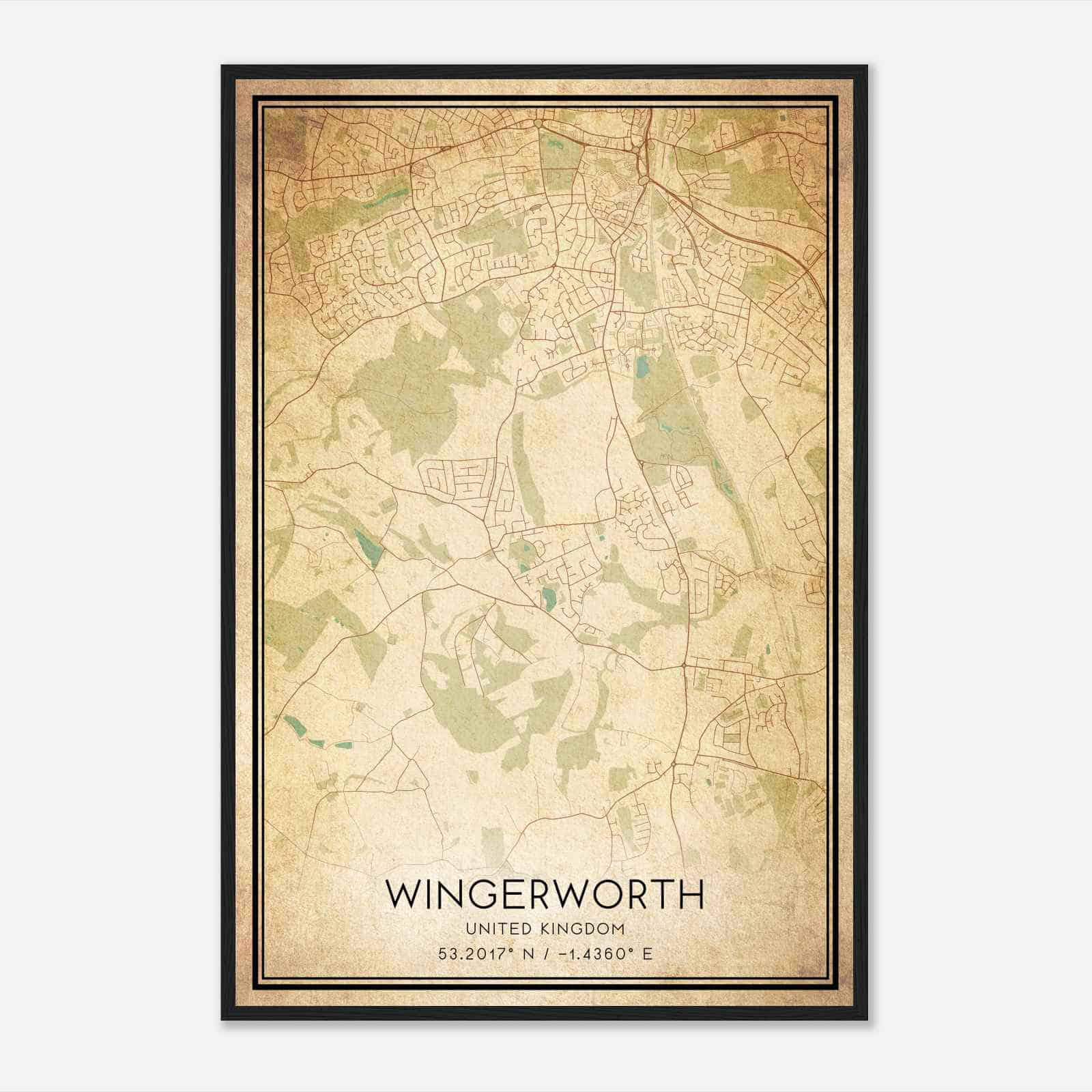 Vintage Wingerworth United Kingdom Map Poster, Wingerworth City Road Wall Art Print