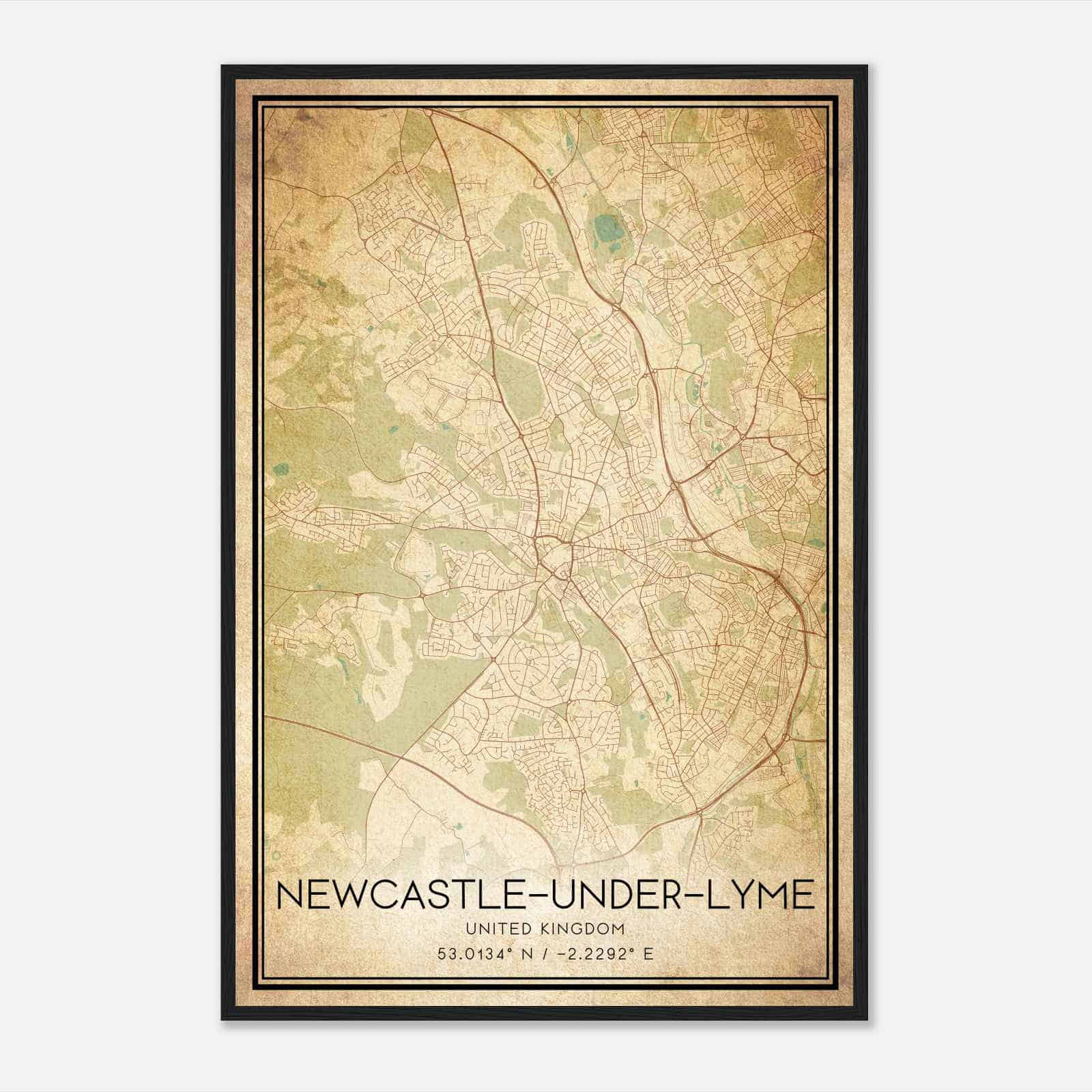 Vintage Newcastle under Lyme United Kingdom Map Poster, Newcastle under Lyme City Road Wall Art Print