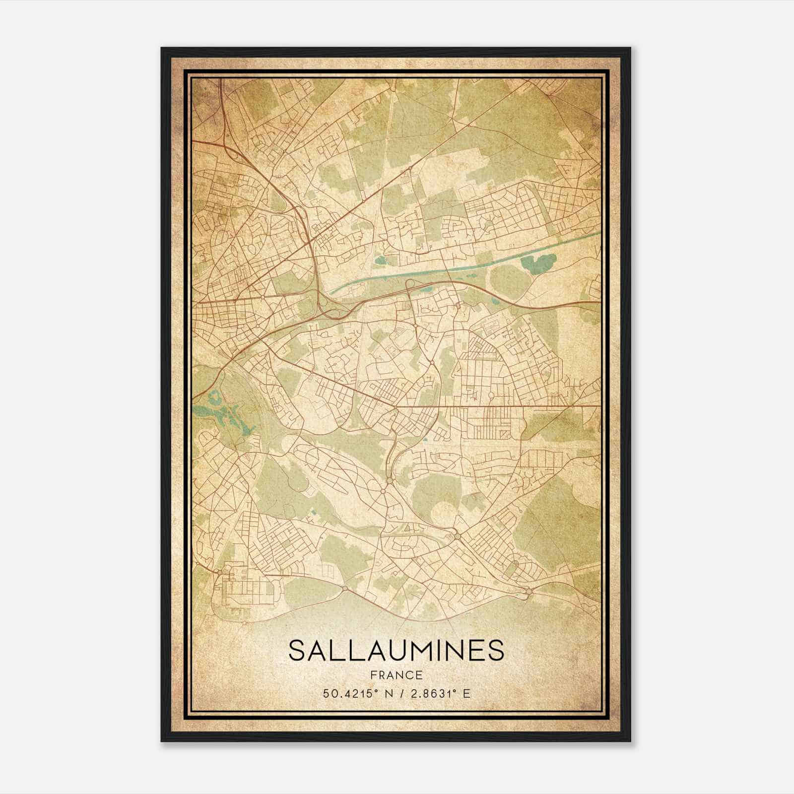 Vintage Sallaumines France Map Poster, Sallaumines City Road Wall Art Print